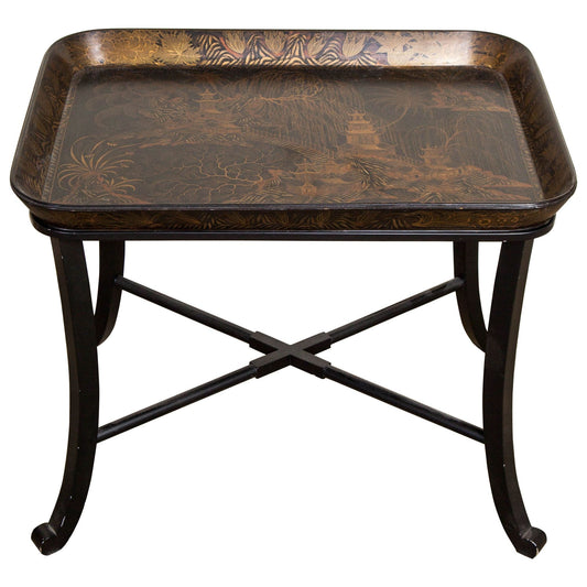 Regency Black and Gilt Papier Mache Lacquer Tray with Later Stand, 19th Century