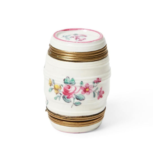 An Ormolu Mounted Mennecy Double Snuff Box in the Form of a Barrel, Circa 1740