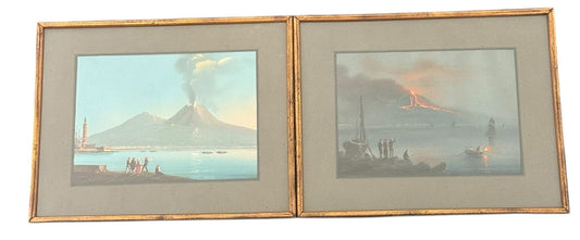A Pair of Italian Gouaches with Day and Night Views of an Erupting Volcano, Late 19th Century