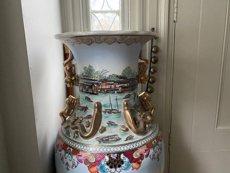 Large Pair of Chinese Porcelain Palace Vases with Views of the Hongs