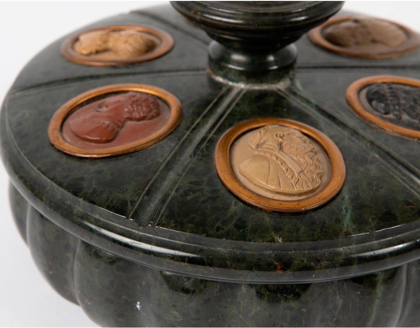 Grand Tour Serpentine Inkwell and Cover Inset with 7 Lava Stone Cameos, 19th C