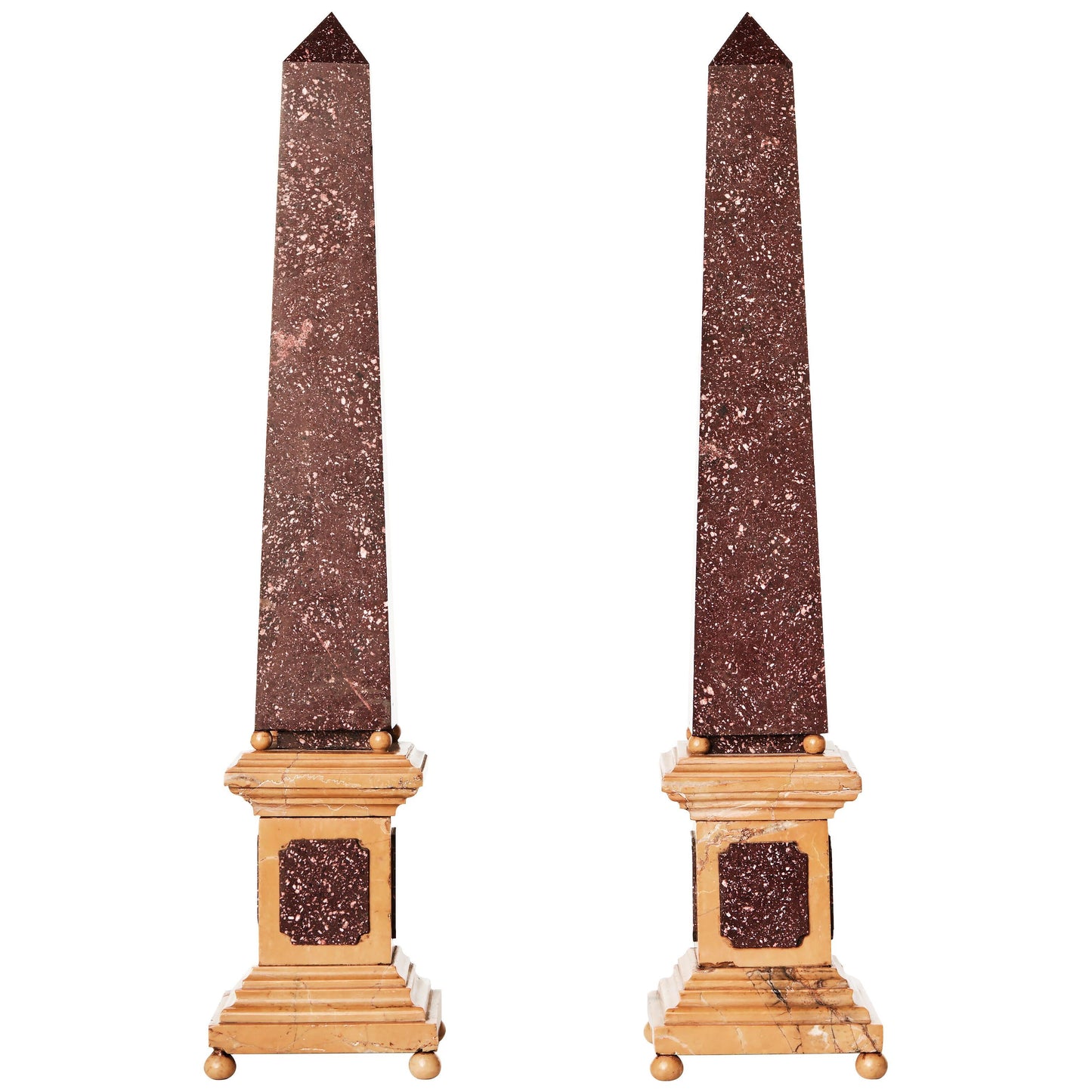 A Pair of Grand Tour Porphyry and Sienna Marble Obelisks, Italian, 19th Century