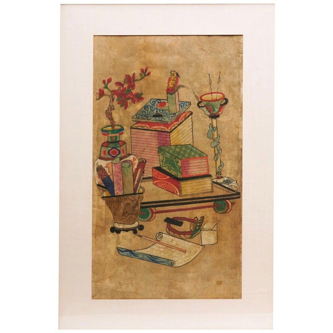 Korean Chaekgeori 'Library Scroll' Watercolor, Yi Dynasty, Late 19th Century