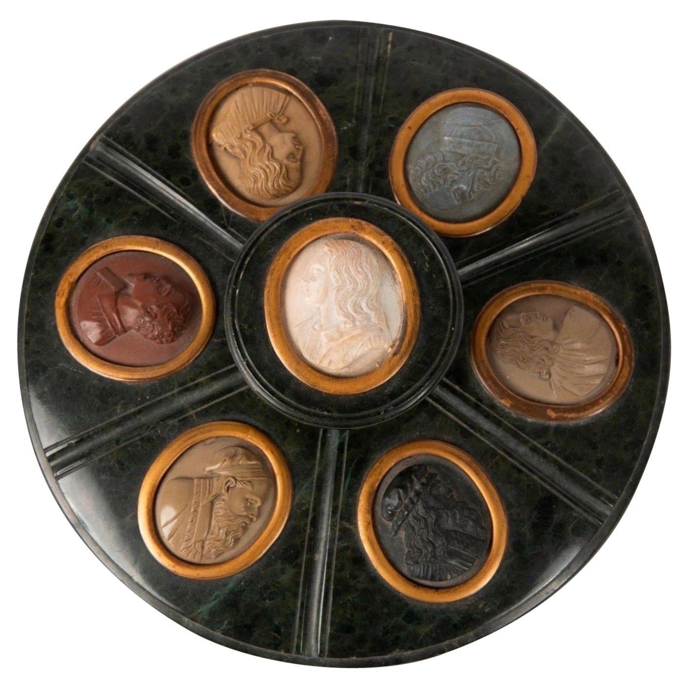 Grand Tour Serpentine Inkwell and Cover Inset with 7 Lava Stone Cameos, 19th C