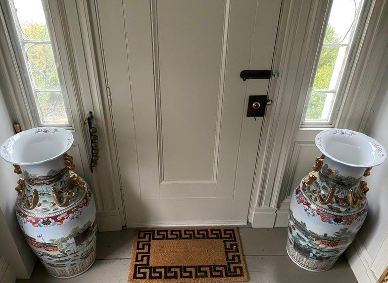 Large Pair of Chinese Porcelain Palace Vases with Views of the Hongs