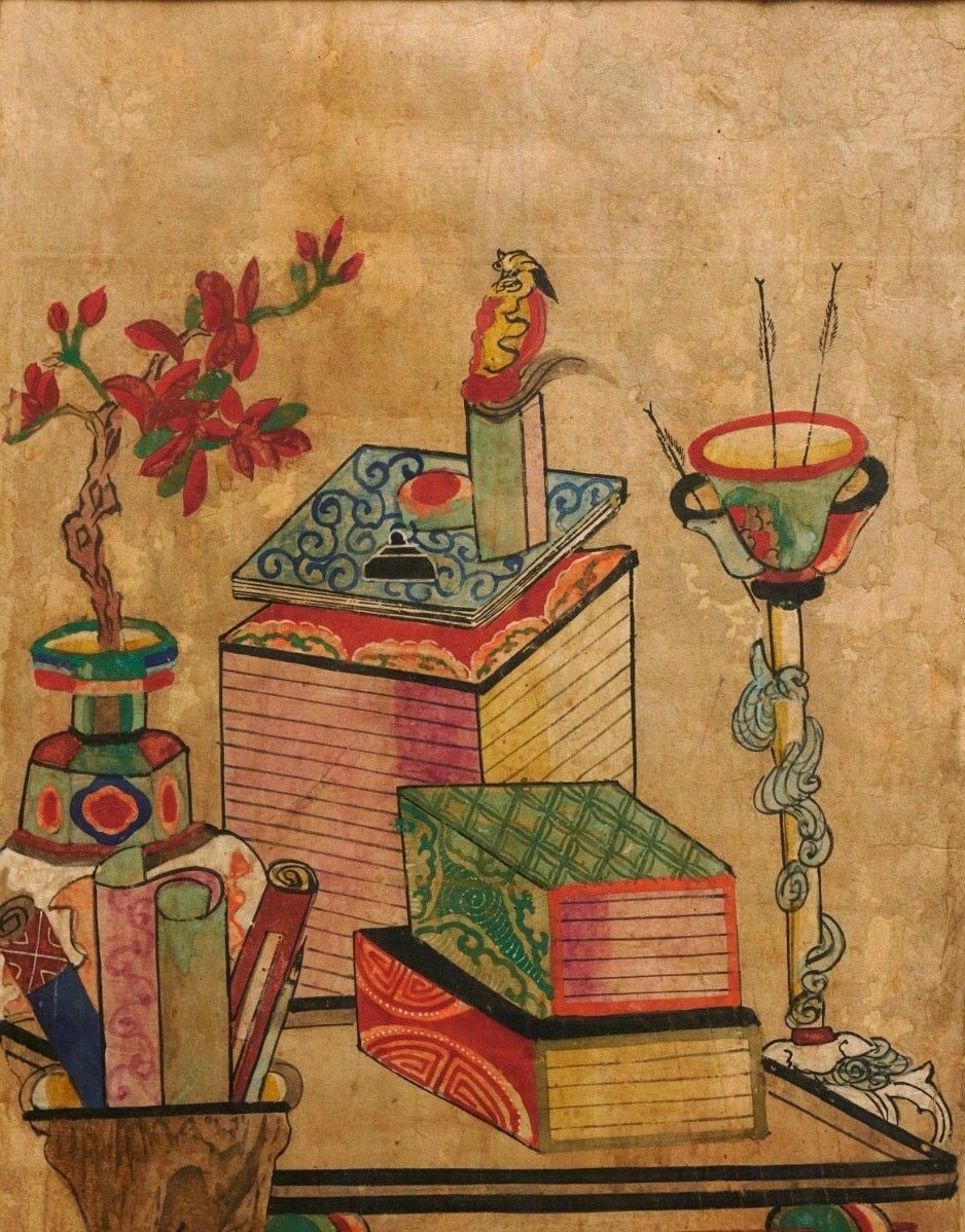 Korean Chaekgeori 'Library Scroll' Watercolor, Yi Dynasty, Late 19th Century