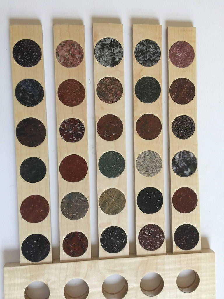 30 Swedish Porphyry Samples in Maple Frame with Labels on Back