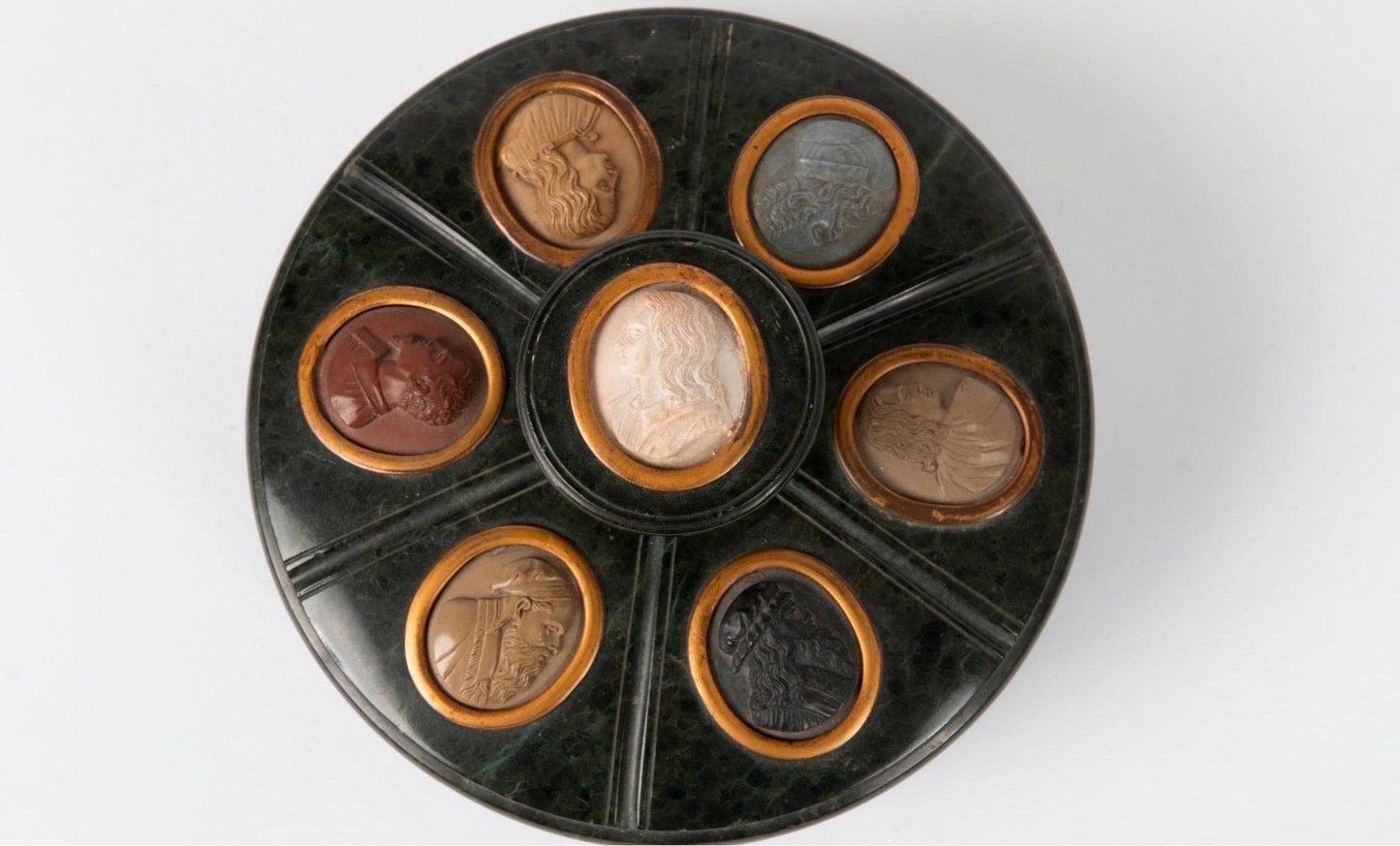Grand Tour Serpentine Inkwell and Cover Inset with 7 Lava Stone Cameos, 19th C