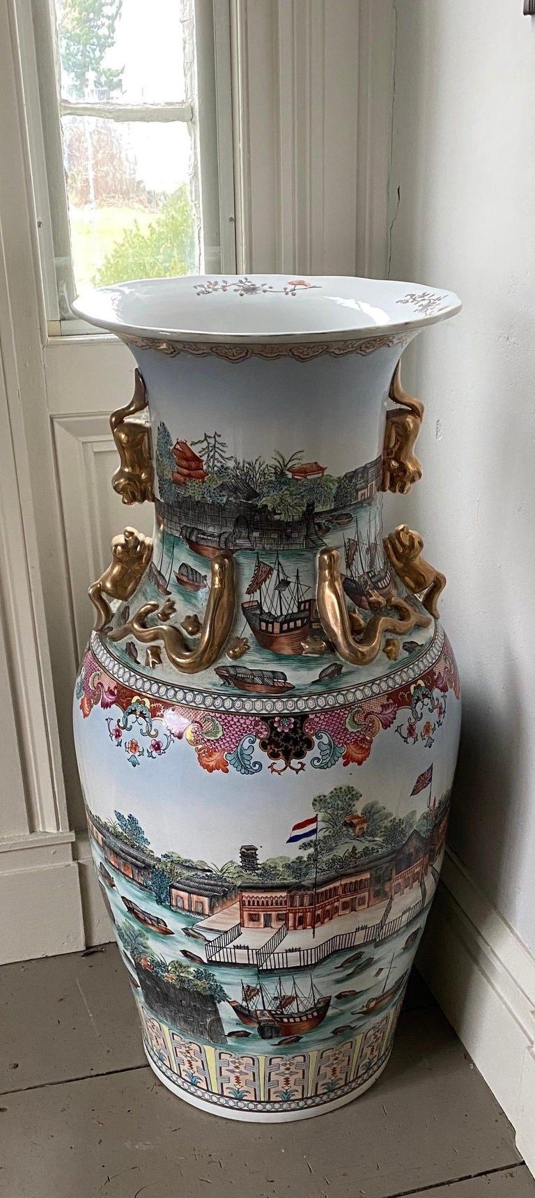 Large Pair of Chinese Porcelain Palace Vases with Views of the Hongs