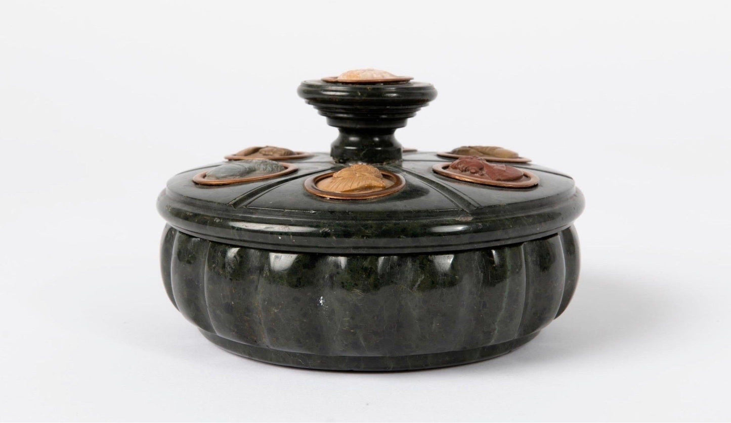 Grand Tour Serpentine Inkwell and Cover Inset with 7 Lava Stone Cameos, 19th C