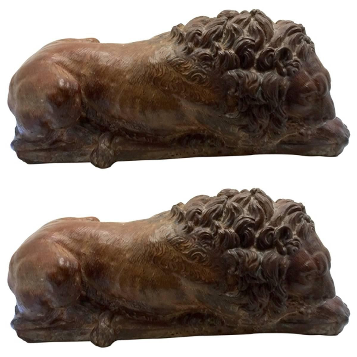 Pair of Terracotta Lions, after Canova, 19th Century