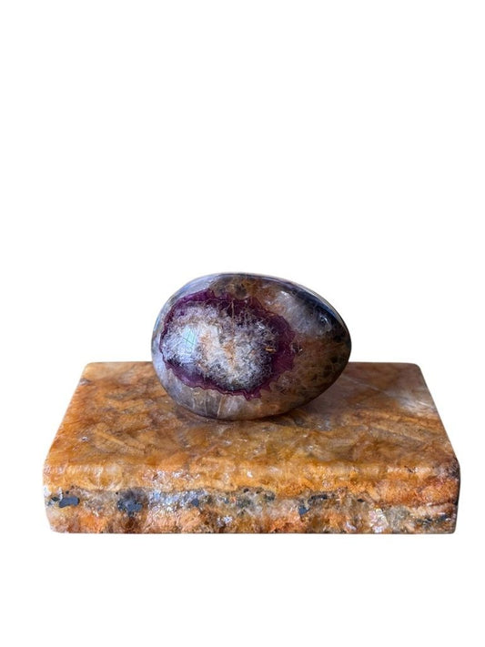 Blue John Paperweight Egg Mounted on Fluorspar Base, Early 20th Century