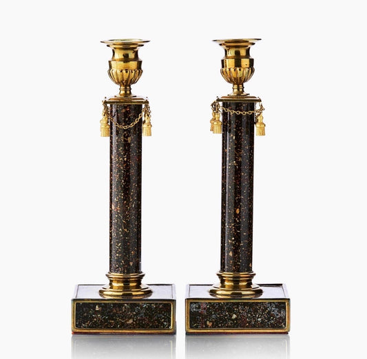 A Pair of Late Gustavian Faux Porphyry Reverse Glass Candesticks, late 19th Century