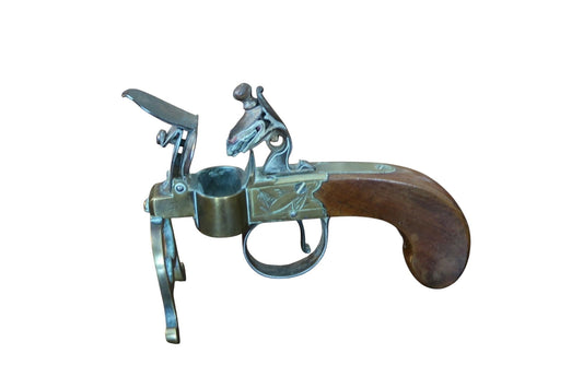 A George III Brass, Iron and Mahogany Flintlock Tinder Pistol