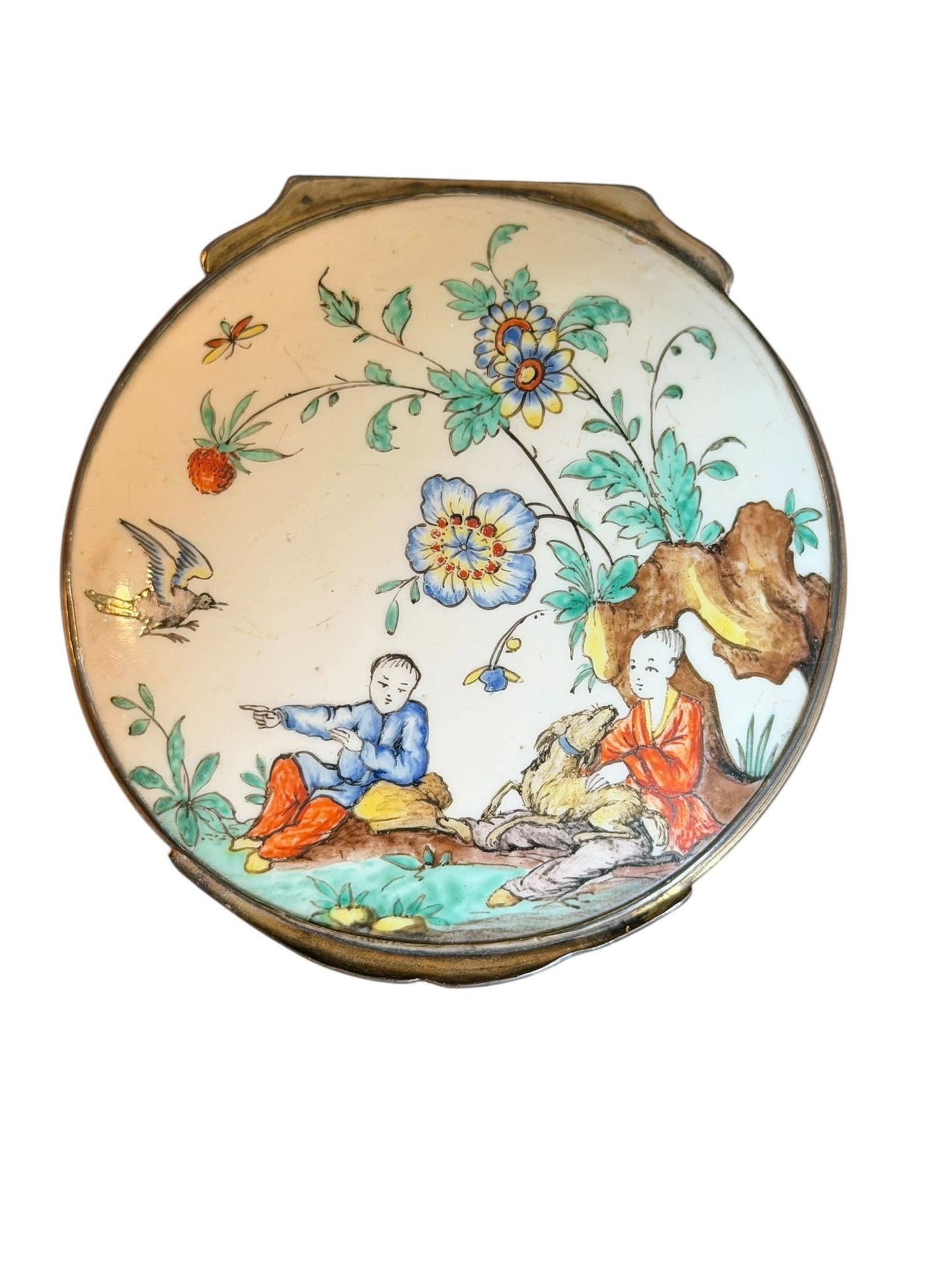 A Large Silver-Gilt Mounted Chantilly Soft Past Chinoiserie Circular Snuff Box, circa 1740