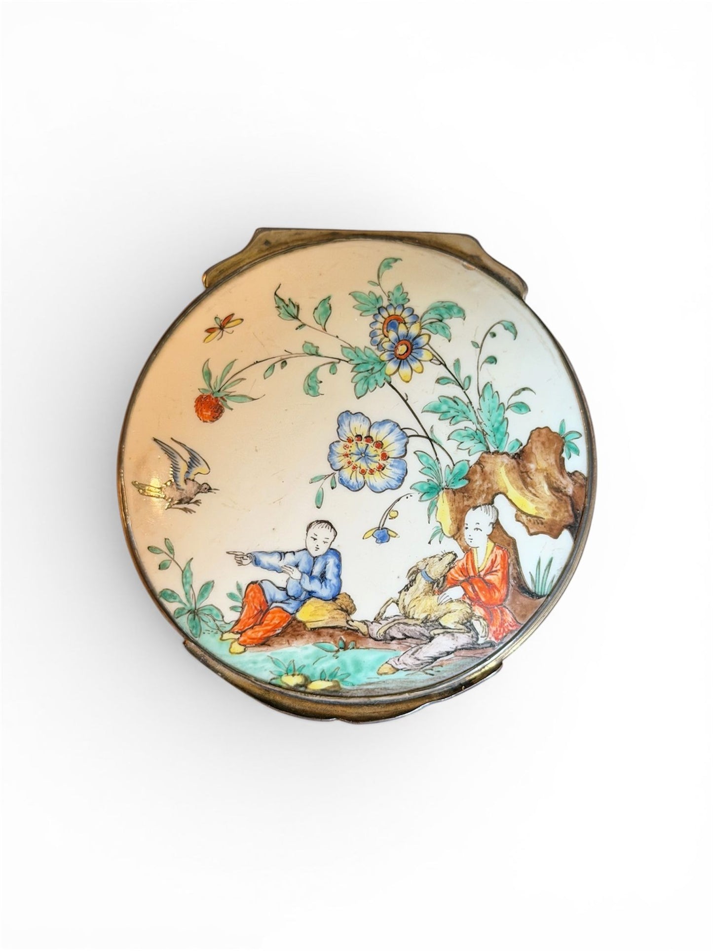 A Large Silver-Gilt Mounted Chantilly Soft Past Chinoiserie Circular Snuff Box, circa 1740