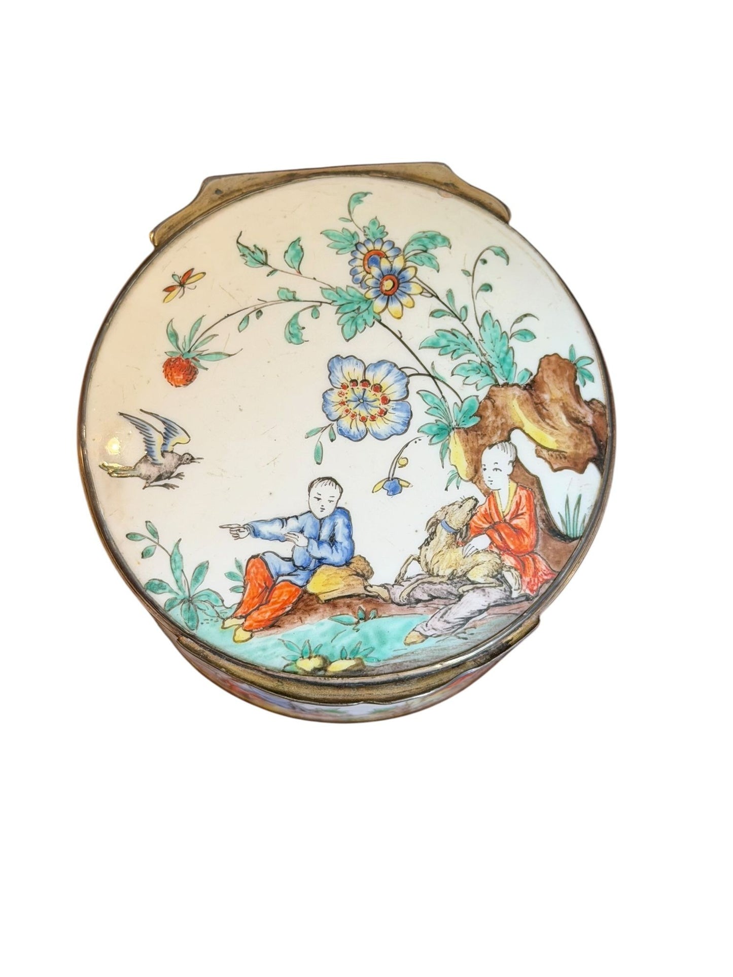 A Large Silver-Gilt Mounted Chantilly Soft Past Chinoiserie Circular Snuff Box, circa 1740