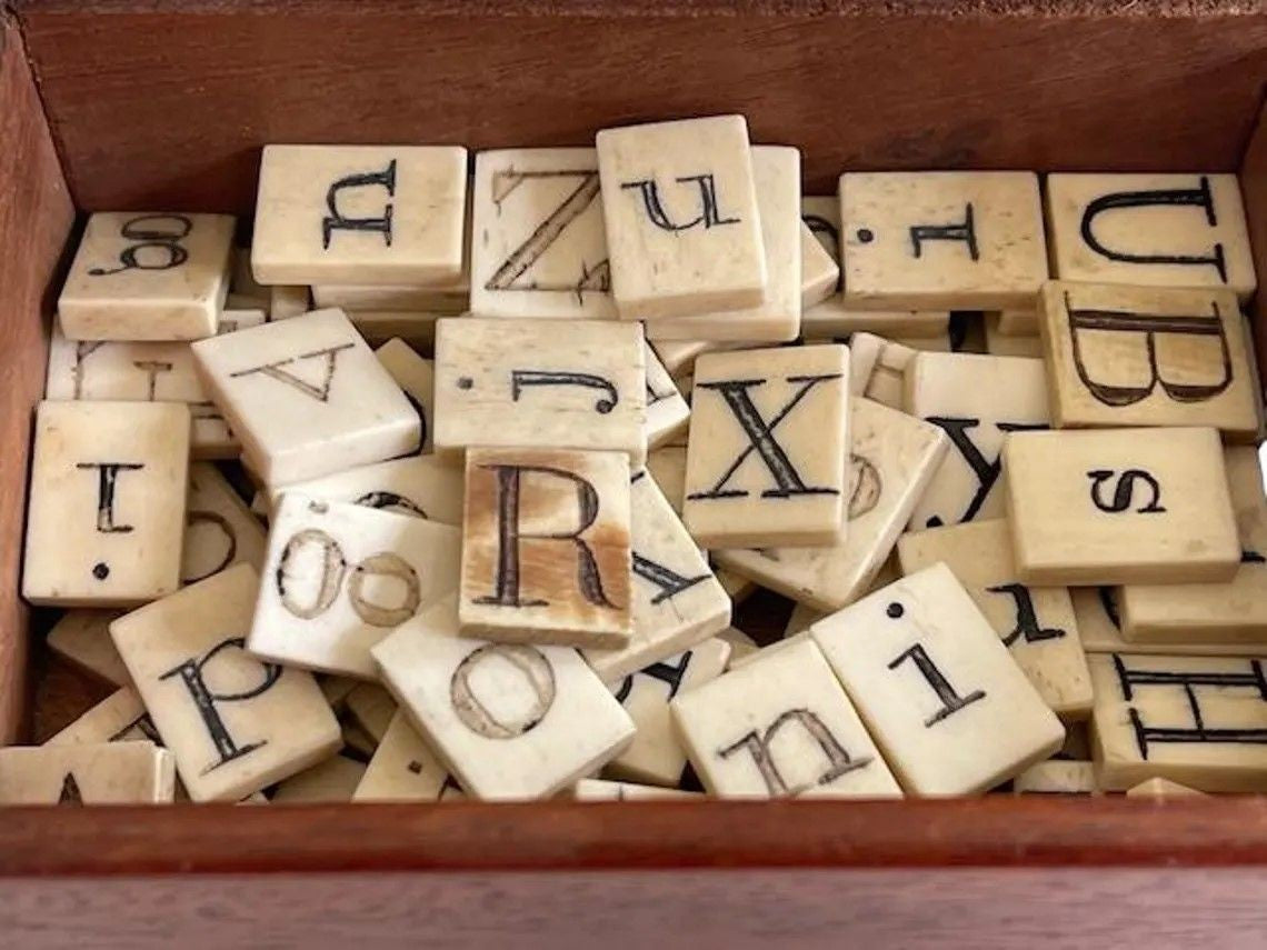 A Mahogany Box with Bone Letters of the Alphabet, Scottish, 19th Century