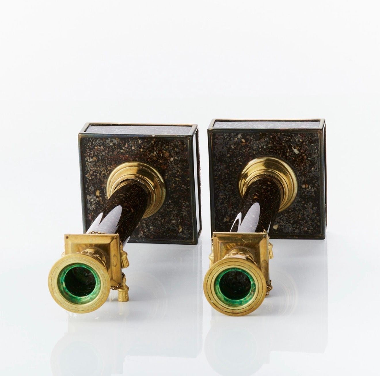 A Pair of Late Gustavian Faux Porphyry Reverse Glass Candesticks, late 19th Century