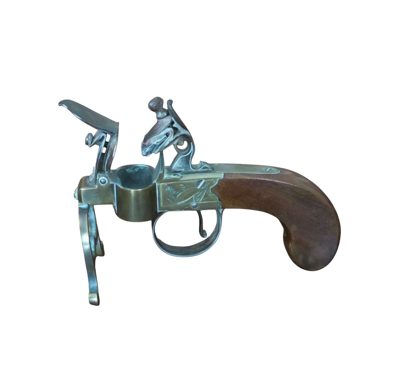 A George III Brass, Iron and Mahogany Flintlock Tinder Pistol