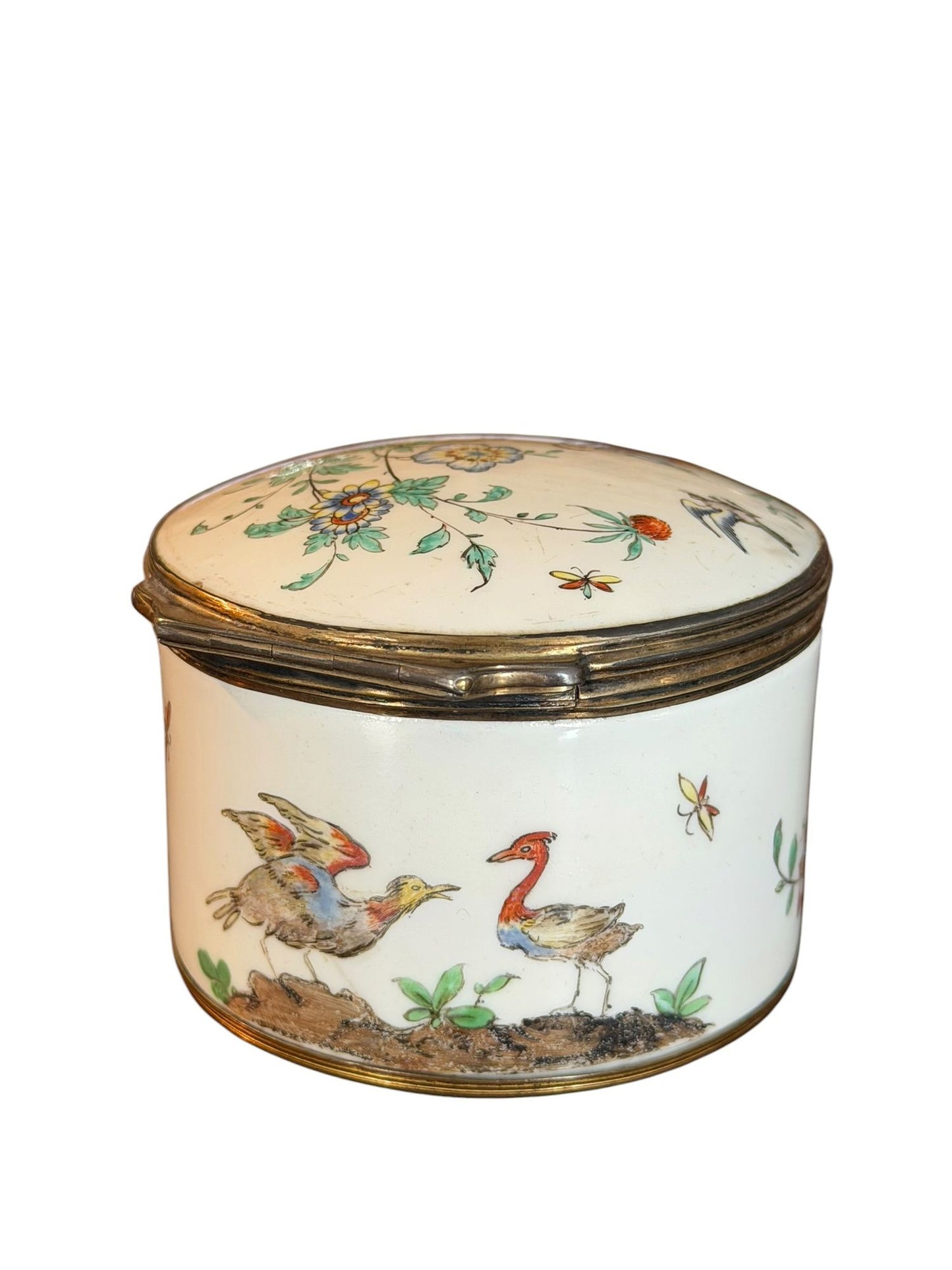 A Large Silver-Gilt Mounted Chantilly Soft Past Chinoiserie Circular Snuff Box, circa 1740