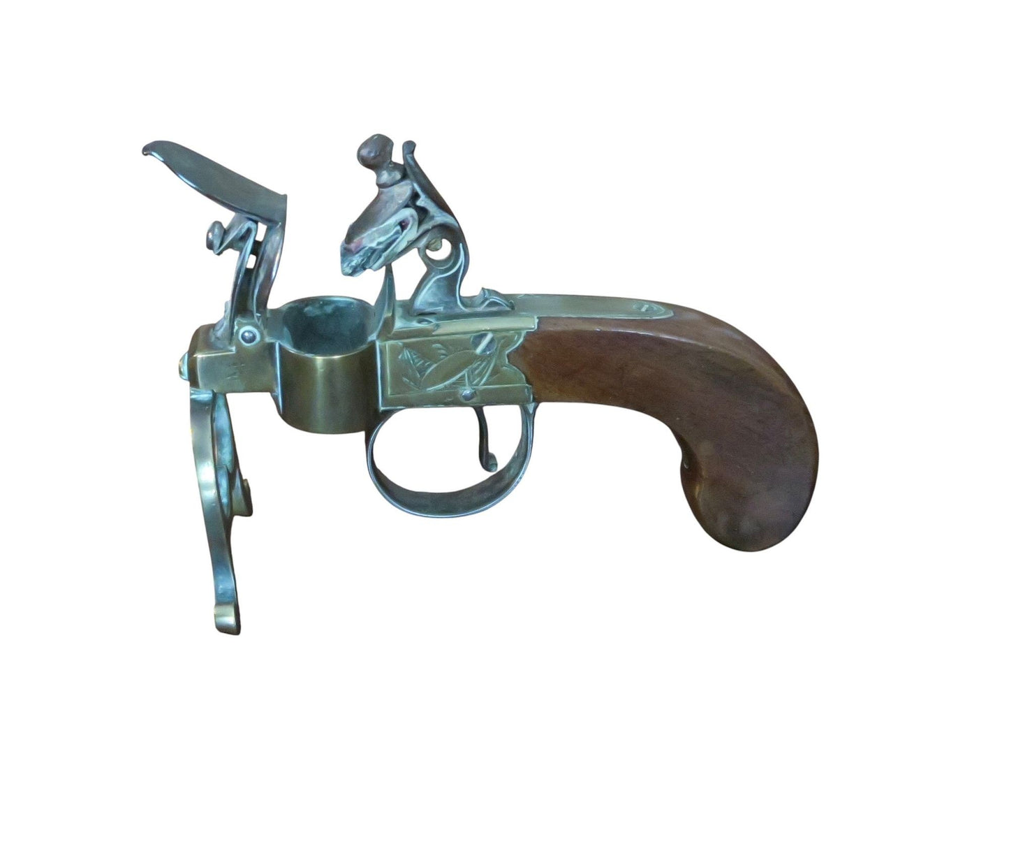 A George III Brass, Iron and Mahogany Flintlock Tinder Pistol