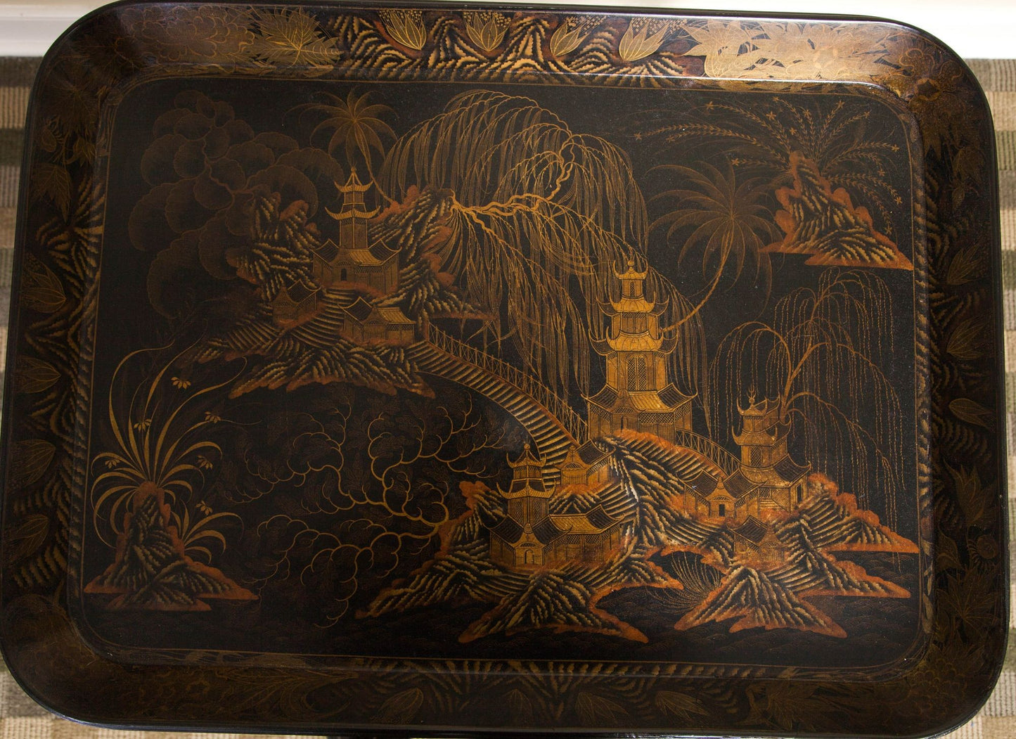 Regency Black and Gilt Papier Mache Lacquer Tray with Later Stand, 19th Century