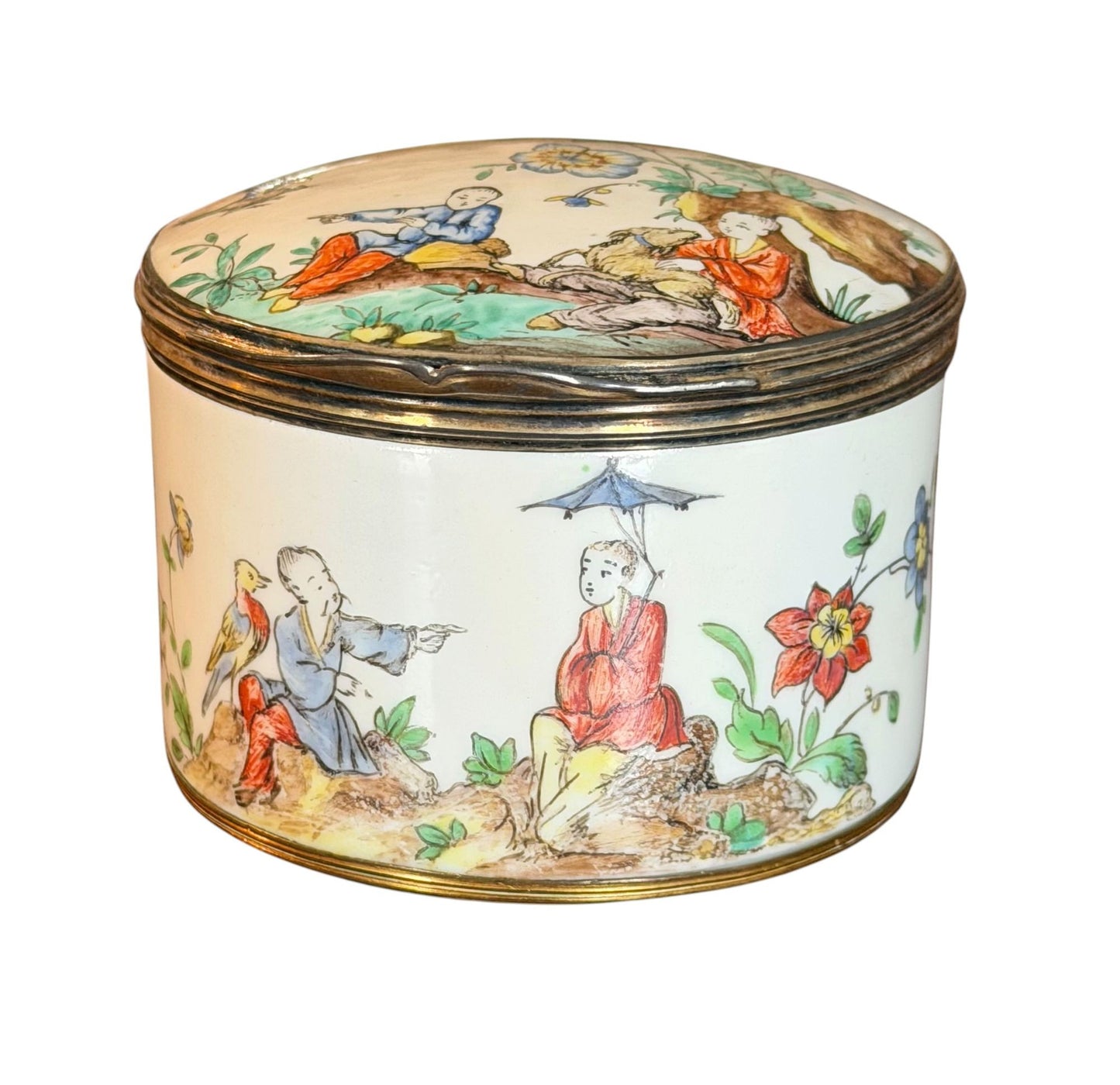 A Large Silver-Gilt Mounted Chantilly Soft Past Chinoiserie Circular Snuff Box, circa 1740