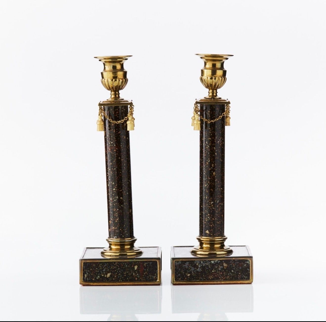 A Pair of Late Gustavian Faux Porphyry Reverse Glass Candesticks, late 19th Century