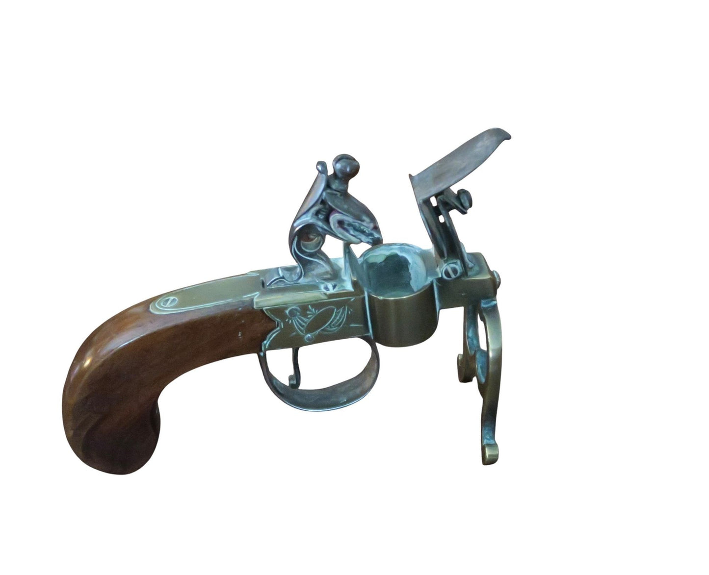 A George III Brass, Iron and Mahogany Flintlock Tinder Pistol