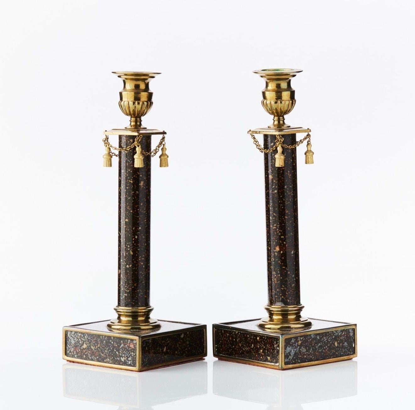 A Pair of Late Gustavian Faux Porphyry Reverse Glass Candesticks, late 19th Century