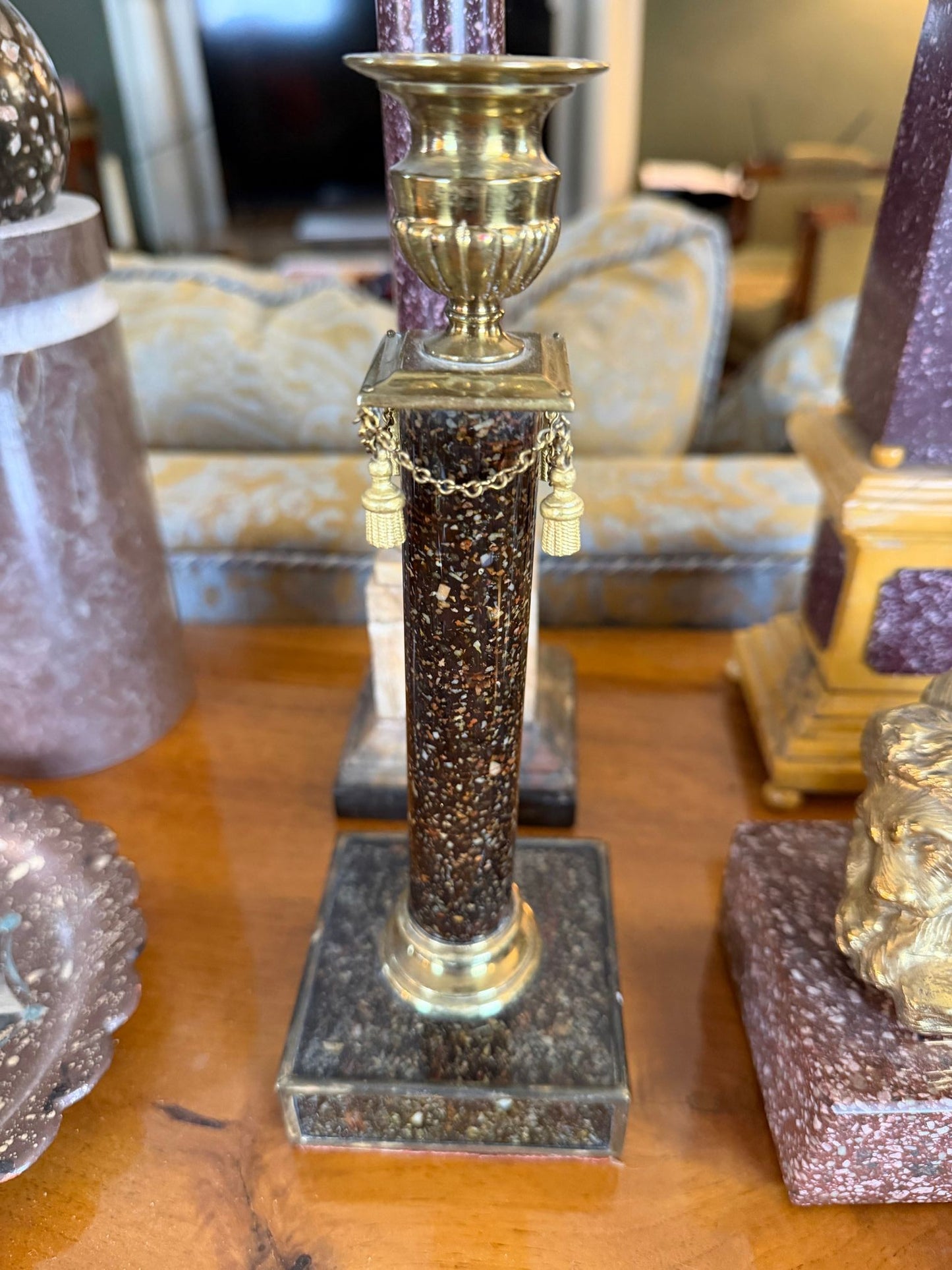 A Pair of Late Gustavian Faux Porphyry Reverse Glass Candesticks, late 19th Century