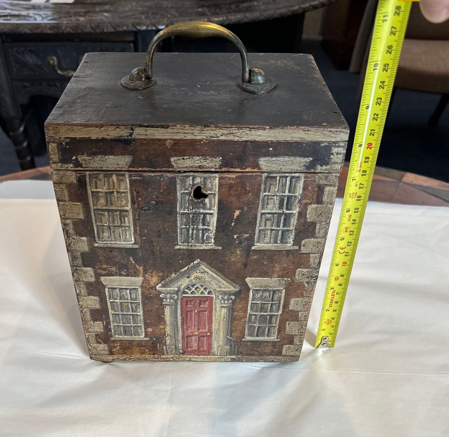 An English Box with Handle painted to look like a Georgian House, Early 19th Century