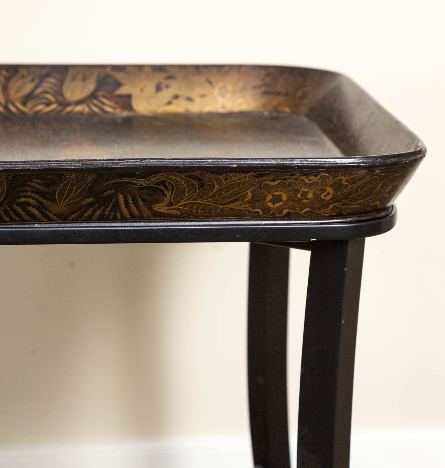 Regency Black and Gilt Papier Mache Lacquer Tray with Later Stand, 19th Century