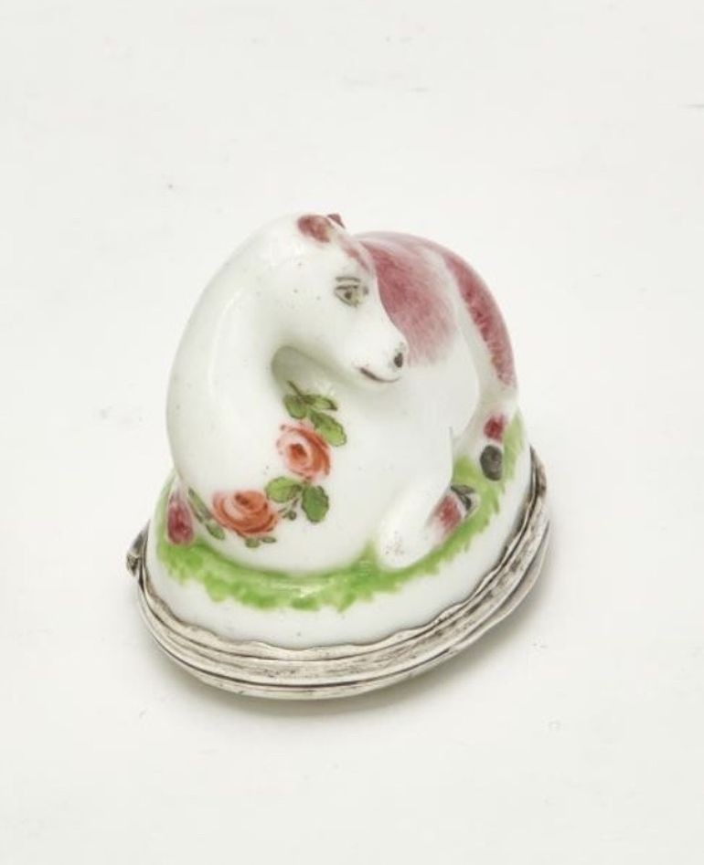 A Mennecy Silver Mounted Soft Paste Porcelain Snuff Box in the form of a Dromedary