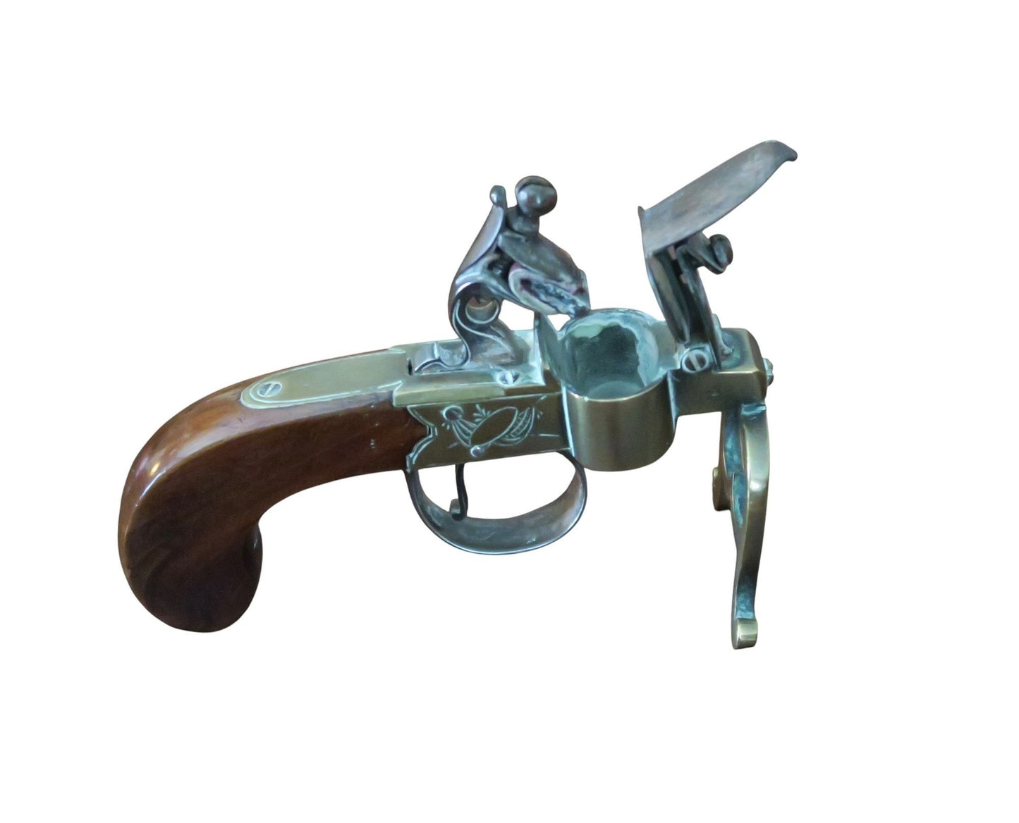 A George III Brass, Iron and Mahogany Flintlock Tinder Pistol