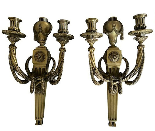 A Pair of Louis XVI Style Gilt Bronze Wall Lights, Stamped C within a diamond for Caldwell, circa 1930