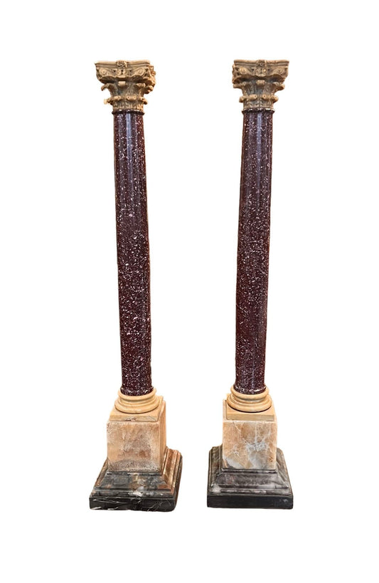 Pair of Porphyry and Yellow Marble Columns, 19th Century