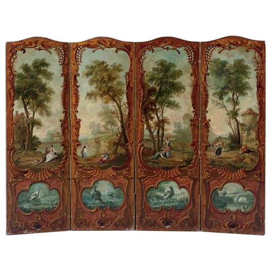 German Rococo Four Panel Painted Screen, Mid-18th Century