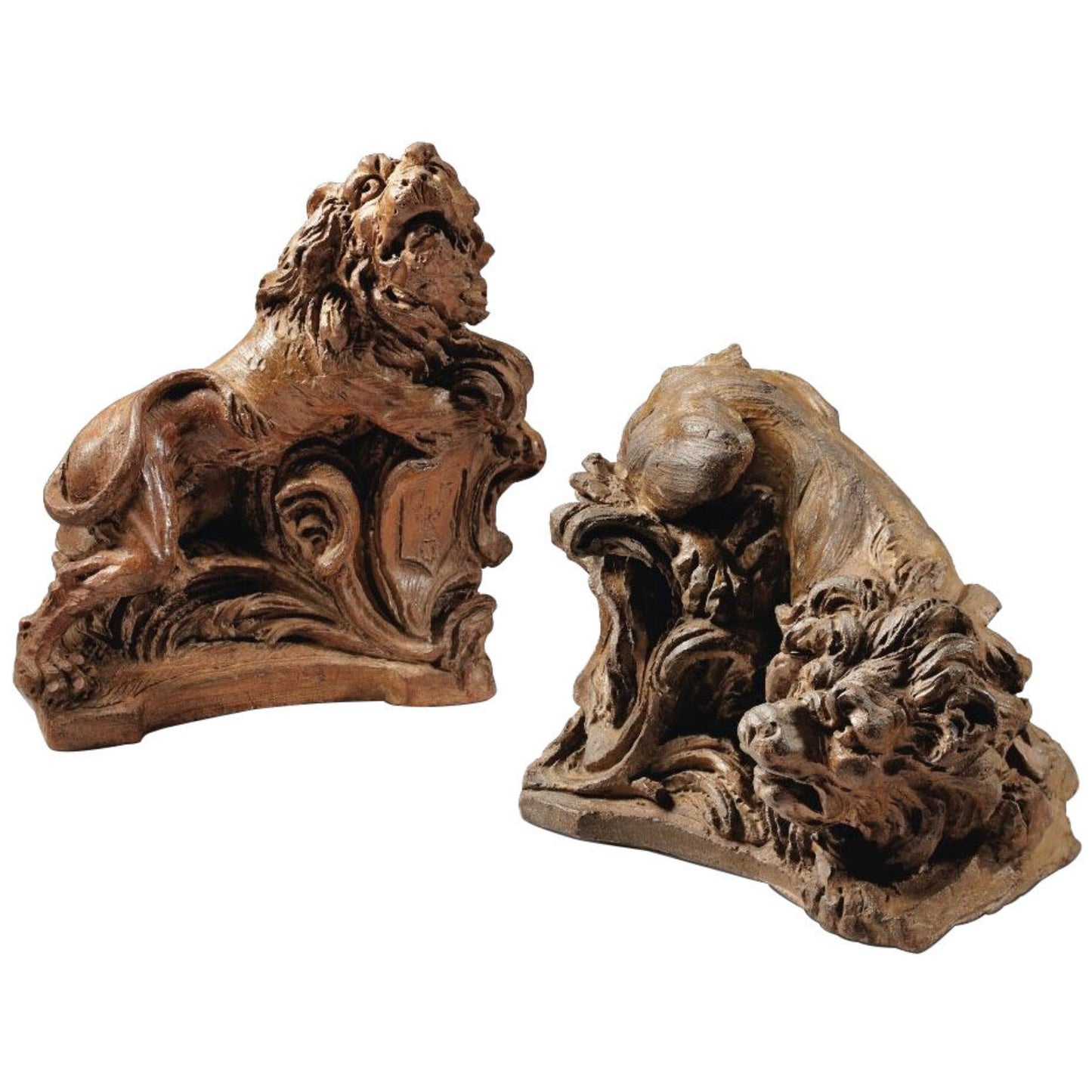 Two Terracotta Lions with Shields, French Mid-18th Century