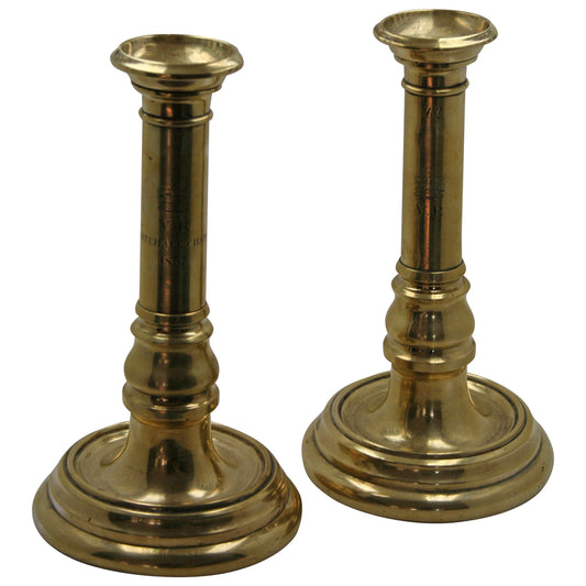 Pair of Turned Victorian Brass Candlesticks, Dated 1837