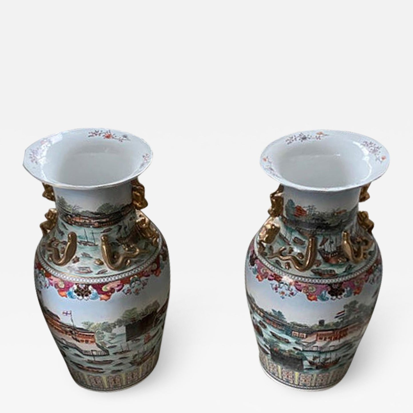Large Pair of Chinese Porcelain Palace Vases with Views of the Hongs