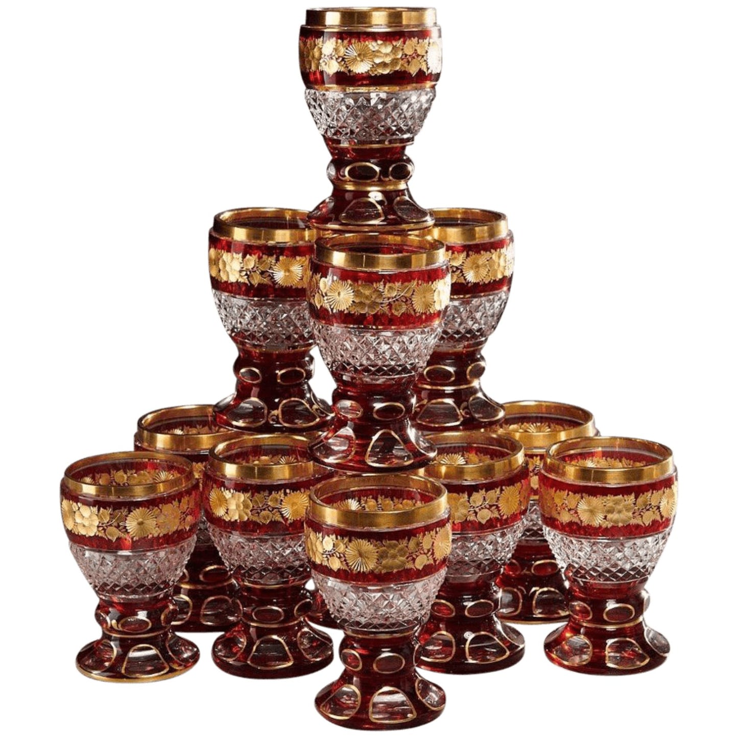 Set of 12 Ruby and Parcel-Gilt Bohemian Glasses, Late 19th Century