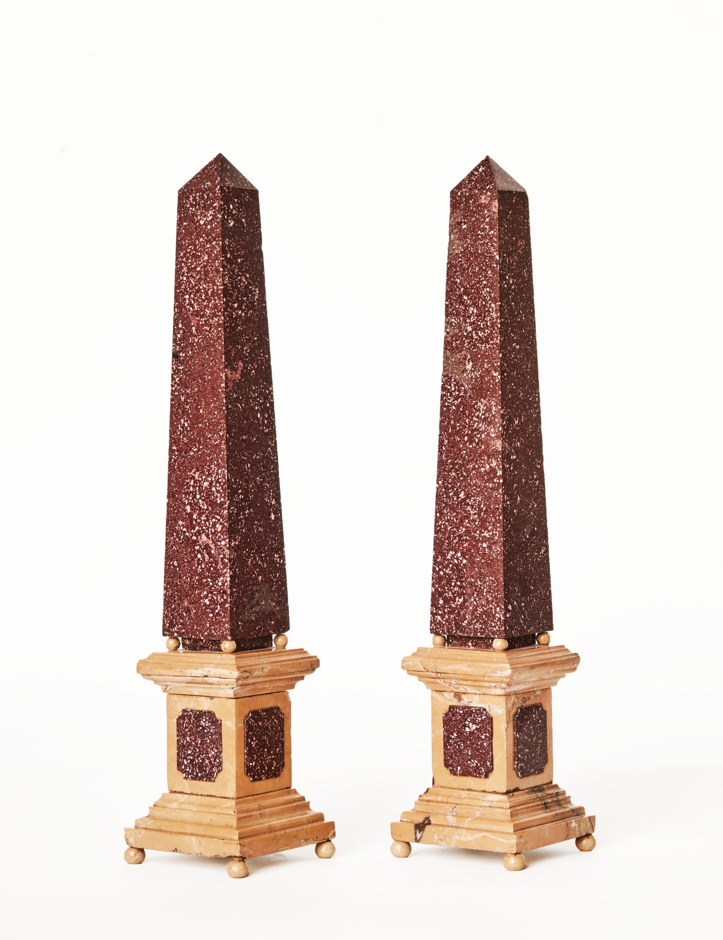 A Pair of Grand Tour Porphyry and Sienna Marble Obelisks, Italian, 19th Century