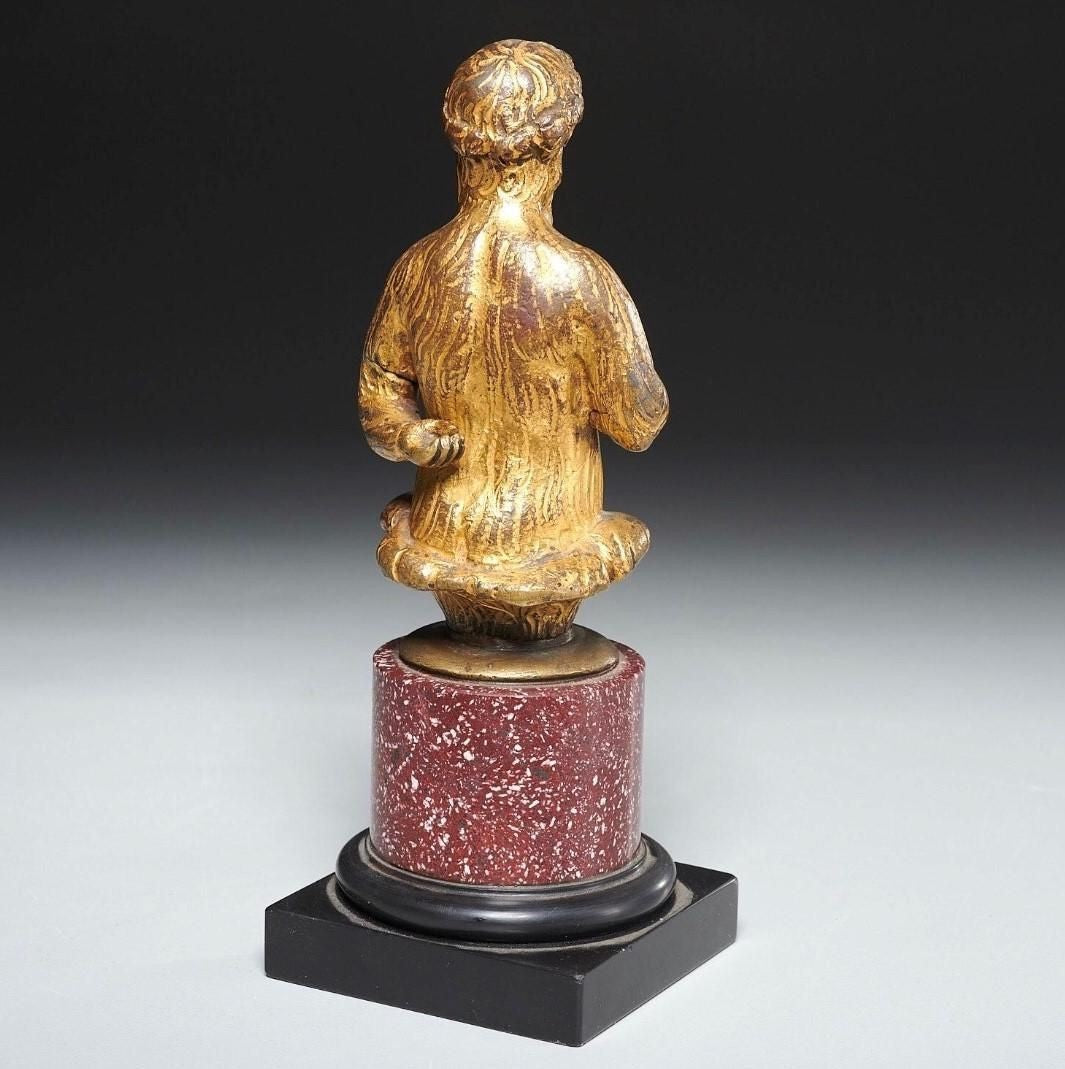 17th Century Antique Gilt Bronze Figure of a Satyr on Porphyry on Black Marble Base