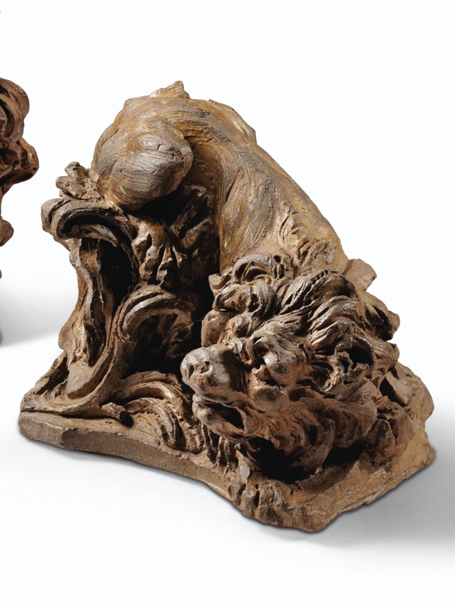 Two Terracotta Lions with Shields, French Mid-18th Century