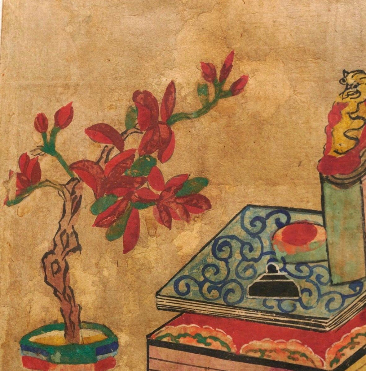 Korean Chaekgeori 'Library Scroll' Watercolor, Yi Dynasty, Late 19th Century