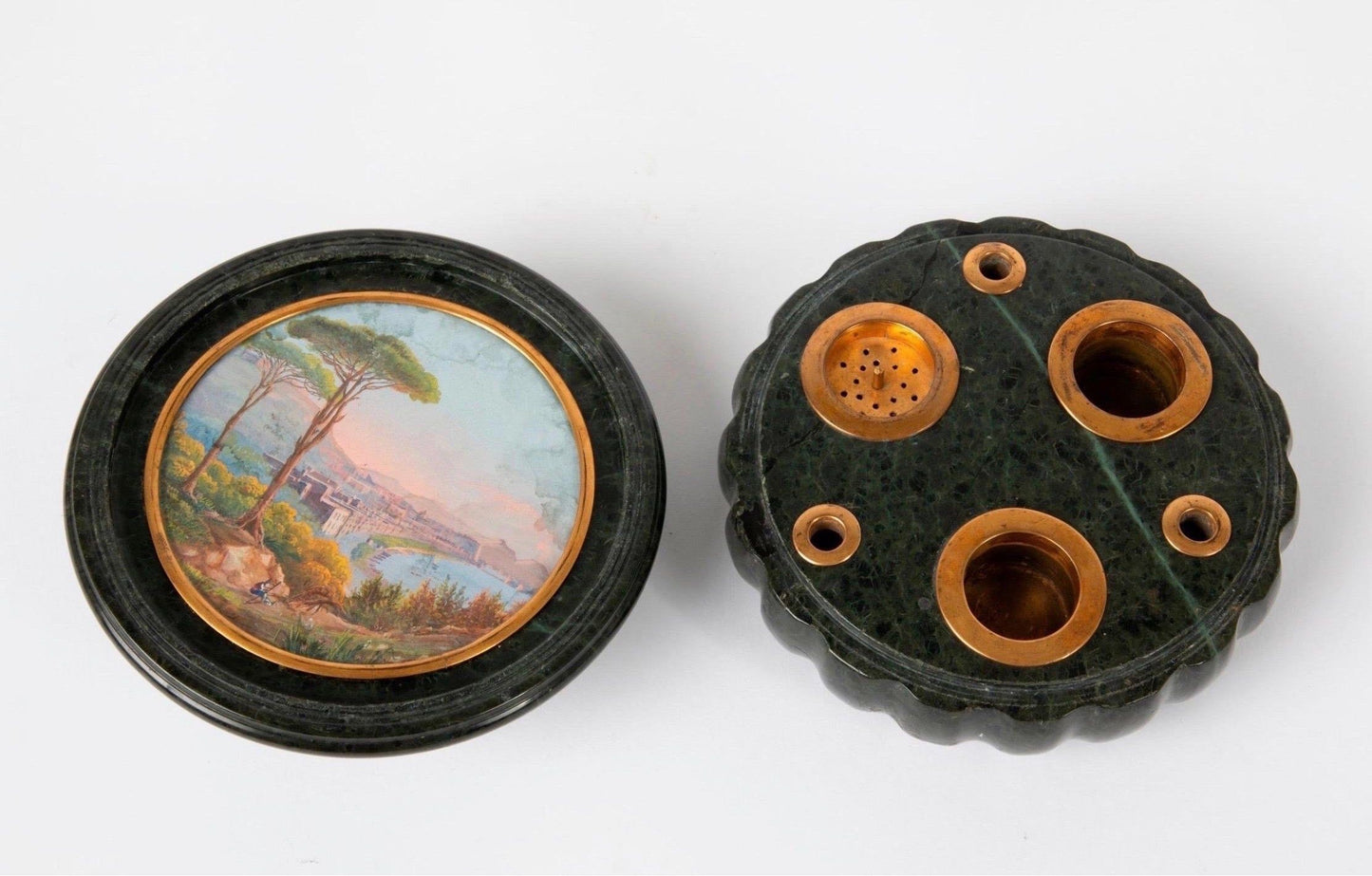 Grand Tour Serpentine Inkwell and Cover Inset with 7 Lava Stone Cameos, 19th C