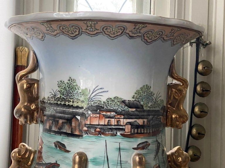 Large Pair of Chinese Porcelain Palace Vases with Views of the Hongs