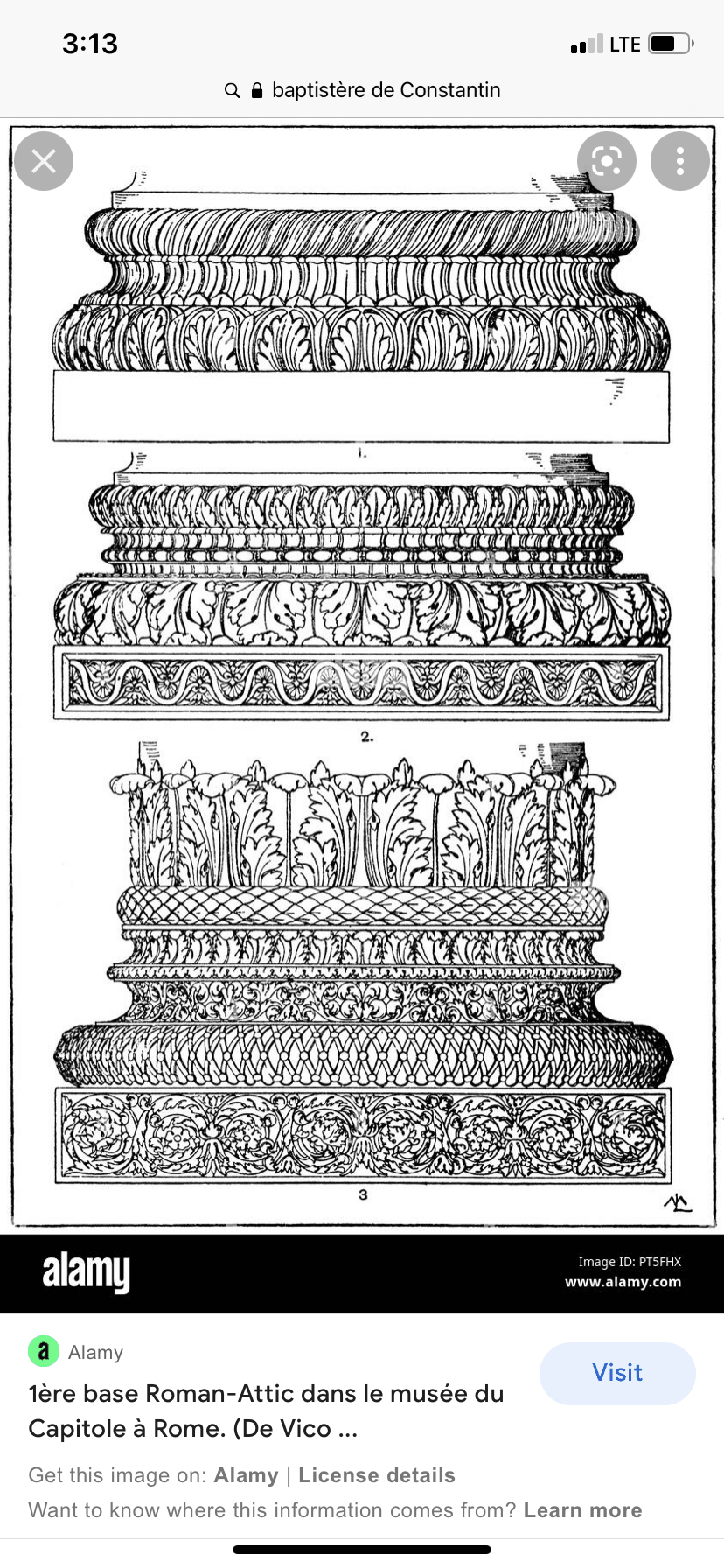 Detailed Drawing of Column Base from Constantine Baptistry, Early 19th Century